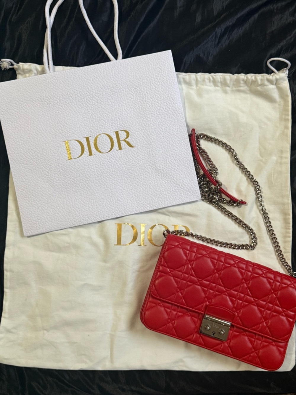 Authentic Dior Red Quilted Leather Crossbody with Silver Chain
